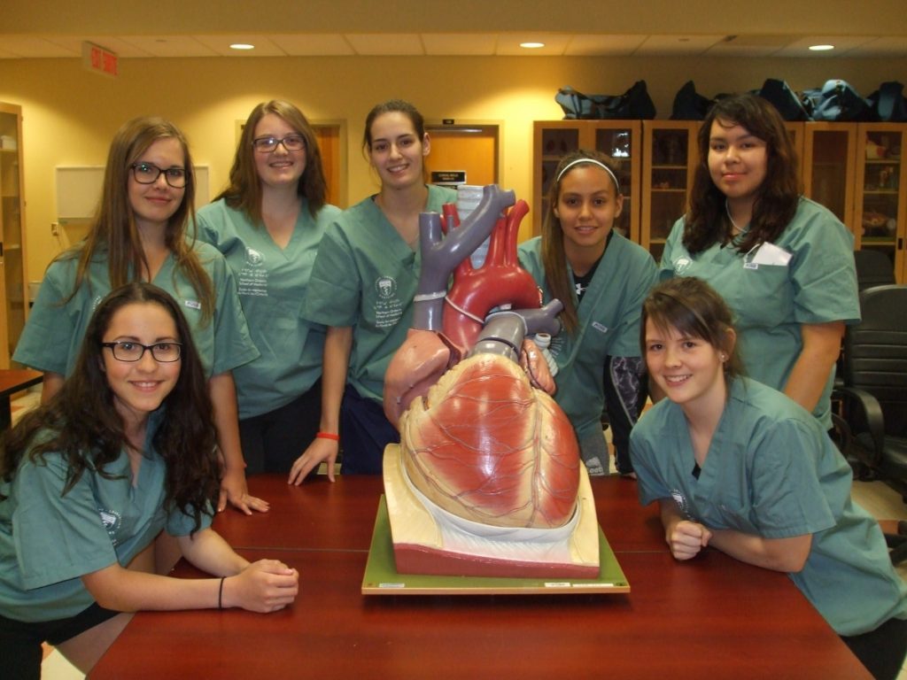 Six campers posing with a large model of a human heart