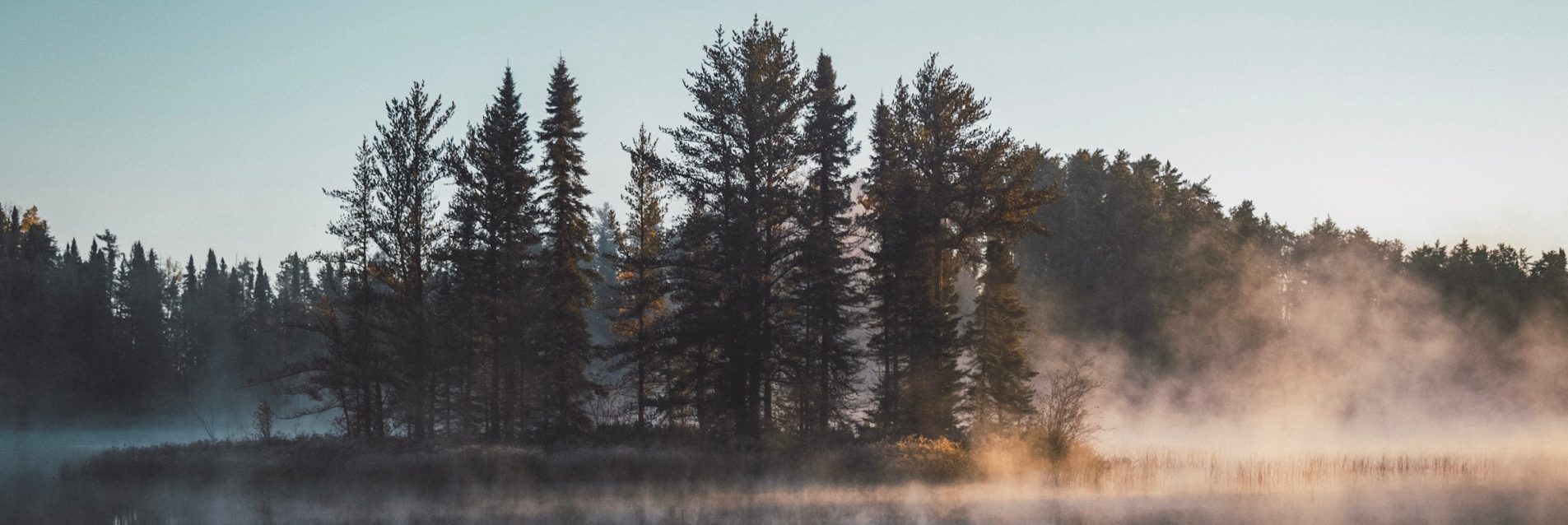 Lake with reflection of trees in water and mist rising off the water in the early morning.