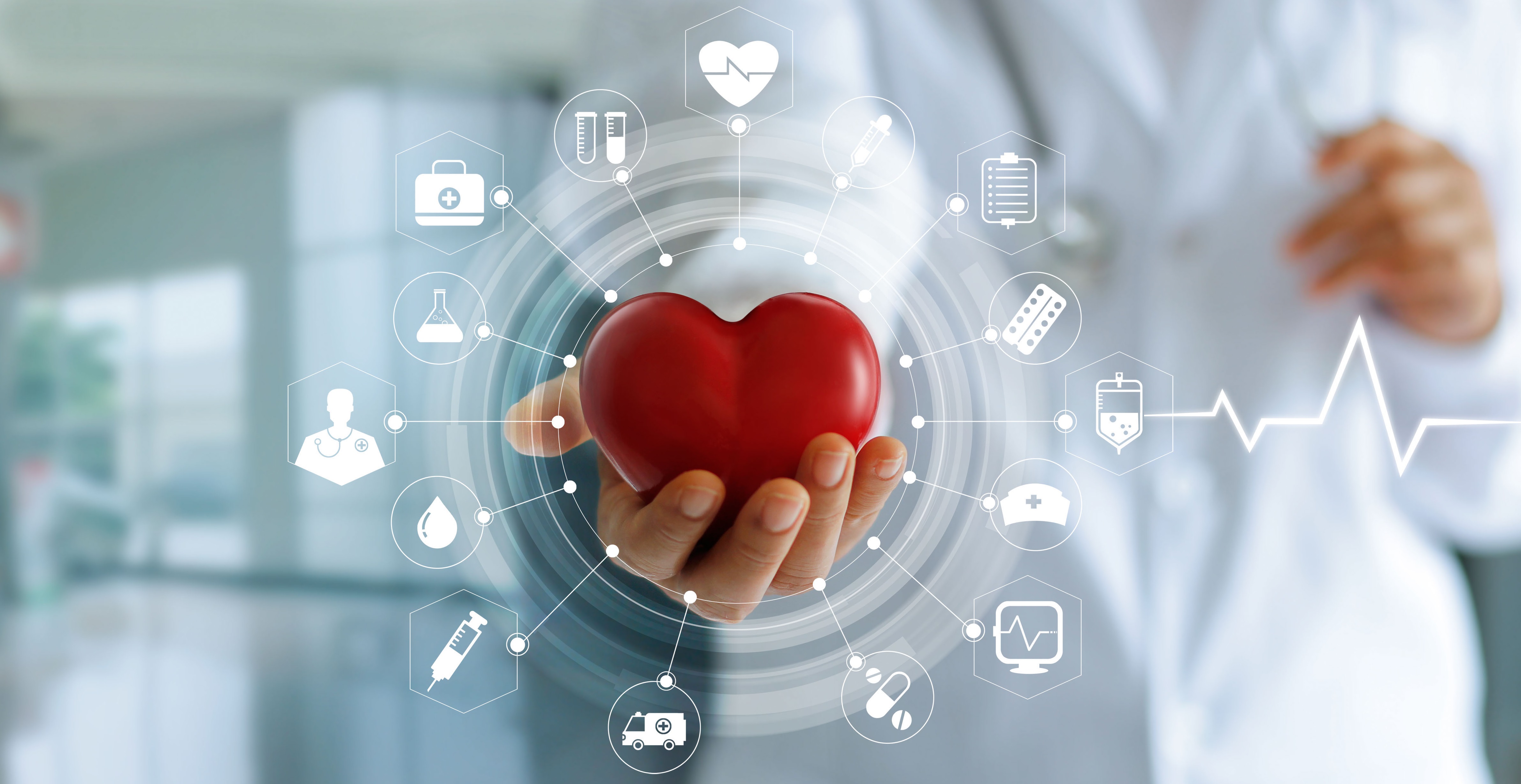 Medicine doctor holding red heart shape in hand and icon medical network connection with modern virtual screen interface, medical technology network concept