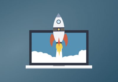 Space shuttle launching from a laptop