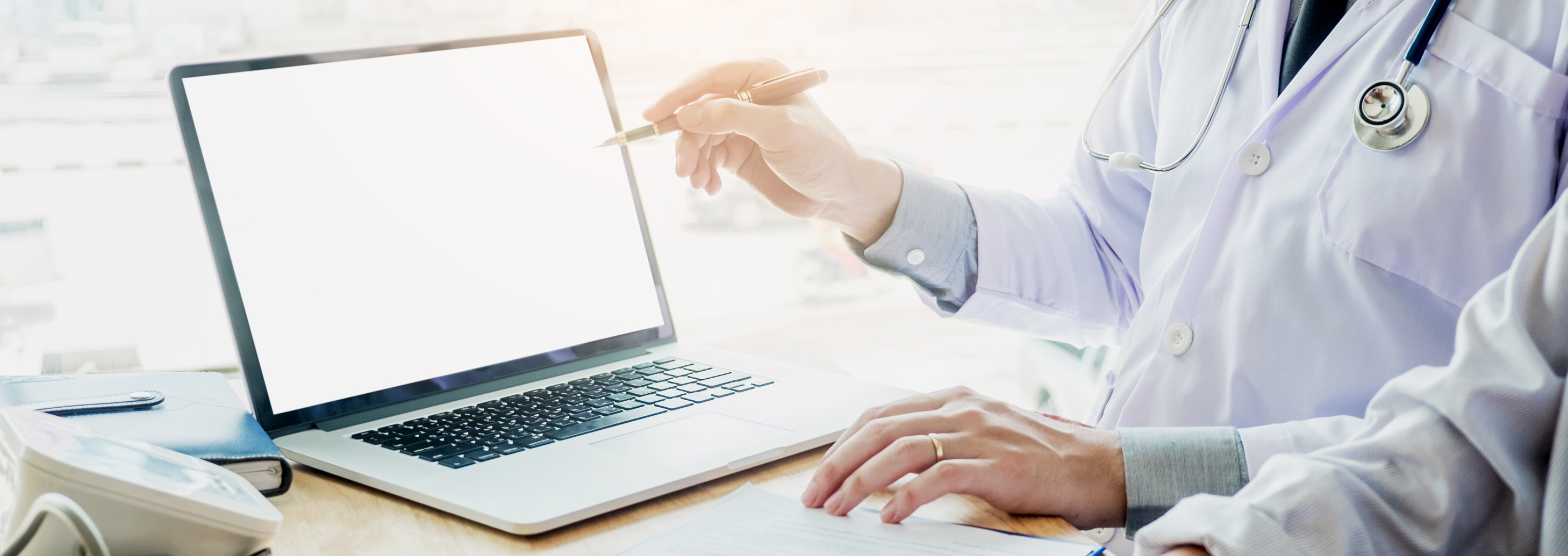 Photo of two physicians working with an open laptop. One physician is pointing to the screen with their pen. The photo does not show their heads in the shot.