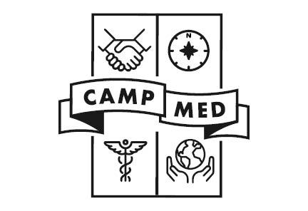 Image with four boxes, and the words Camp Med through the middle. The images are of a handshake, compass, globe, and caduceus.