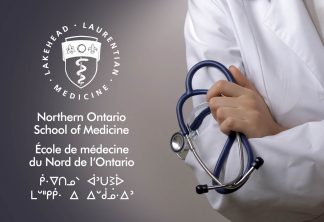 Photo of a person wearing a white doctor's coat, and holding a stethescope. The NOSM logo is featured to the left of the individual.