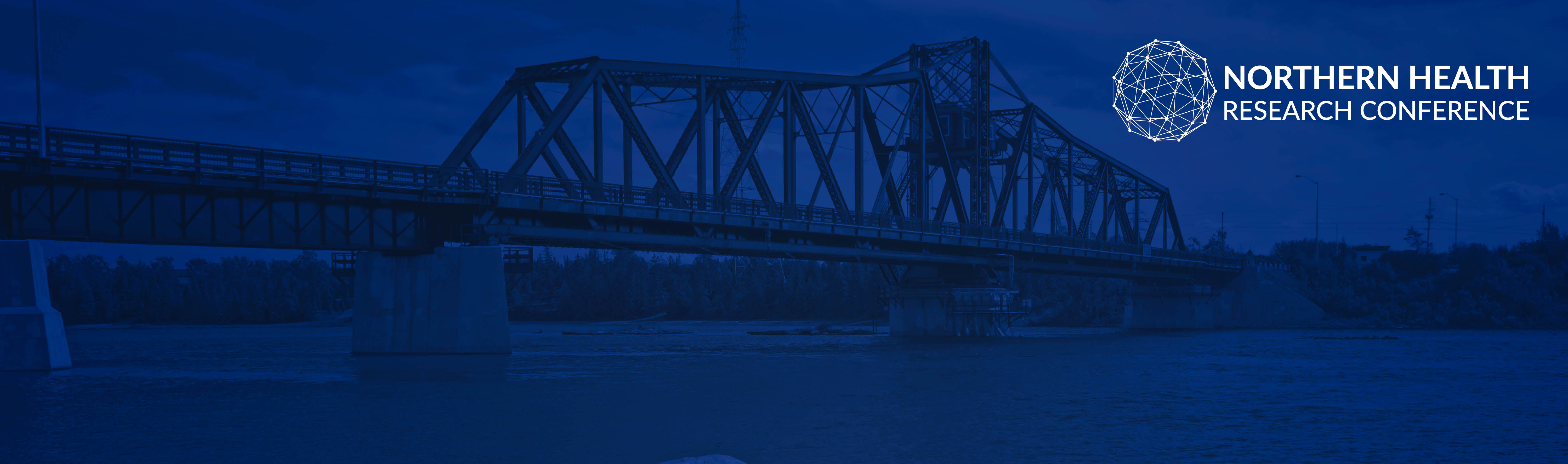 Photo of the swing bridge in Little Current, Ontario with the words Northern Health Research Conference in the top right corner.