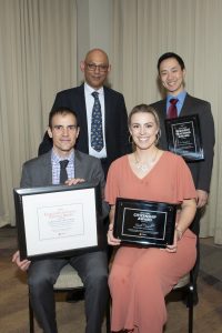 Dr. Saleem Malik, Internal Medicine Faculty Member, who represented the Postgraduate Education leadership at the event (top L) presented the awards to recipients: Dr. Vincent Le (top R), Dr. Frédéric Sarrazin (bottom L), and Ms. Sarah Cannell (bottom R).