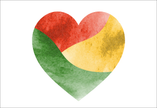A heart in green, red, and yellow. Un cœur en vert, rouge et jaune.