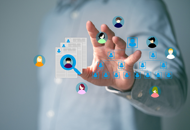 A blurred individual reaching toward icons on a screen representing data collection.