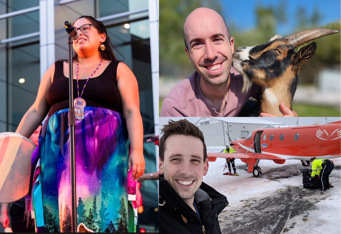 A compilation of photos of the three physicians. Dr. Alexa Lesperance, left, wears a colorful ribbon skirt and holds a drum. Dr. François Doiron, top right, hugs a goat. Dr. Justin Bell, bottom right, stands in front of a small red plane. Compilation de photos de trois médecins. La Dre Alexa Lesperance, à gauche, porte une jupe à rubans colorés et tient un tambour. Le Dr François Doiron, en haut à droite, tient une chèvre dans ses bras. Le Dr Justin Bell, en bas à droite, se tient devant un petit avion rouge.