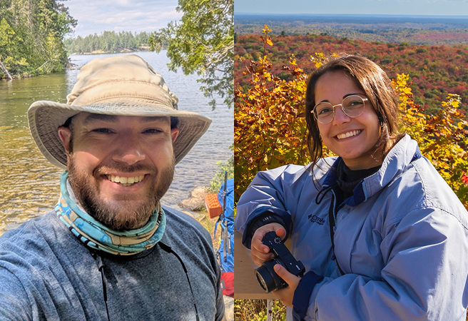 Left: Eric Grimm wears a sun hat at a canoe portage. His canoe pack is behind him, with a lake in the background. Right: Dr. Tiana Bressan stands at a lookout. She is holding a camera. Rolling hills with fall colours are in the background. À gauche : Eric Grimm porte un chapeau de soleil à un portage de canoë. Son attirail de canoë est derrière lui avec un lac en arrière-plan. À droite : La Dre Tiana Bressan tient un appareil photo sur un belvédère devant des collines aux couleurs de l’automne.