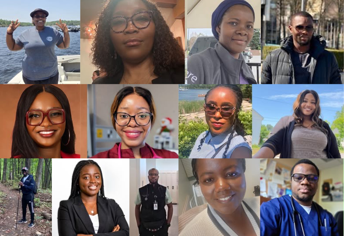 A collage of headshots of Black residents at NOSM University who are members of the new BRPC chapter. Collage de portraits de résidentes et résidents noirs en médecine à l'Université de l'EMNO qui sont membres du nouveau chapitre de BRPC.